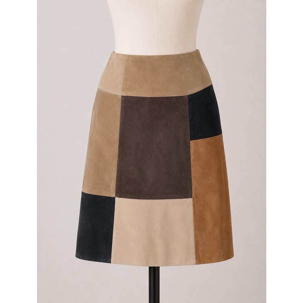 Leather Skirt Suede Brown Tan Black Block Print